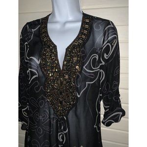 Hale Bob Sz XS Black Silk Beaded Split Neck Top Blouse Roll Tab Sleeves EUC